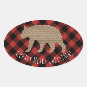 Beary Merry Christmas Plaid Burlap Beer Ovale Sticker