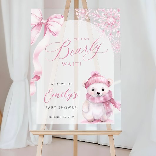 Beary Pink Winter Baby Shower Acrylic Welcome Sign