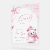Beary Pink Winter Baby Shower Acrylic Welcome Sign (Angle)
