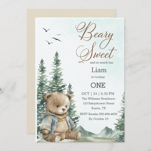 Beary Sweet Invitation d'anniversaire | Pastel (Devant / Derrière)