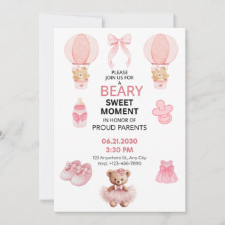 BEARY SWEET MOMENT GIRL 5X7 FLAT BABY SHOWER  KAART