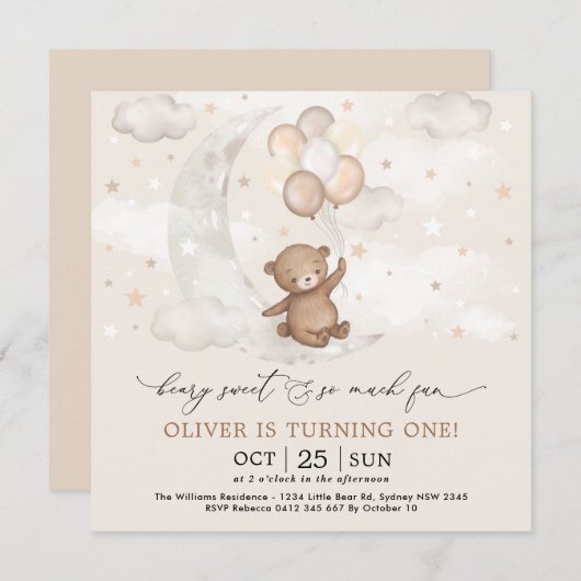 Beary Sweet Moon & Stars Teddy Bear 1st Birthday Kaart (Voorkant / Achterkant)