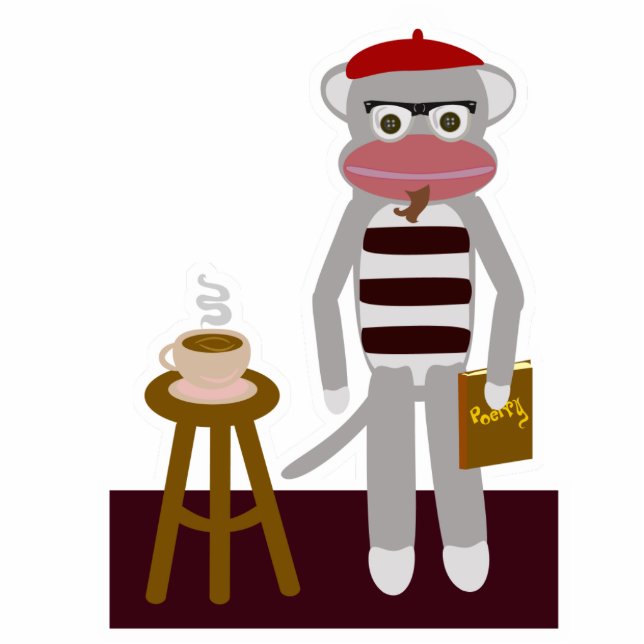 Beatnik Sock Aap Uitsnijding Sculptuur Staand Fotobeeldje (Voorkant)