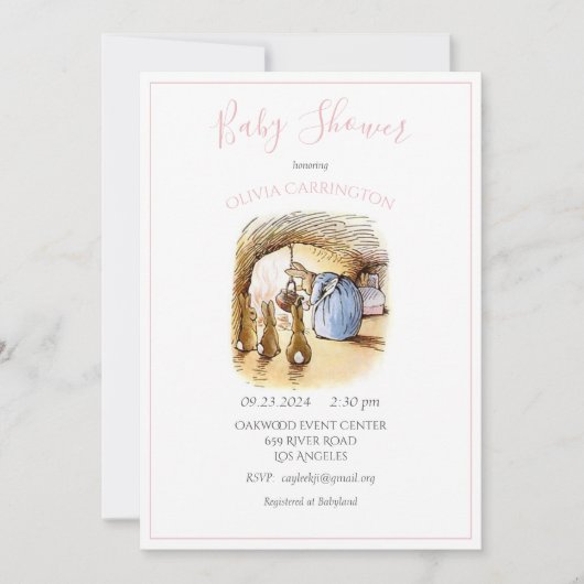 Béatrix Potter Baby shower lapin rose Invitation (Devant)