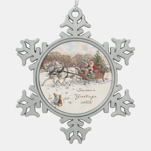  Beatrix Potter Kerstkonijnen en Kerstman Tin Sneeuwvlok Ornament (Voorkant)
