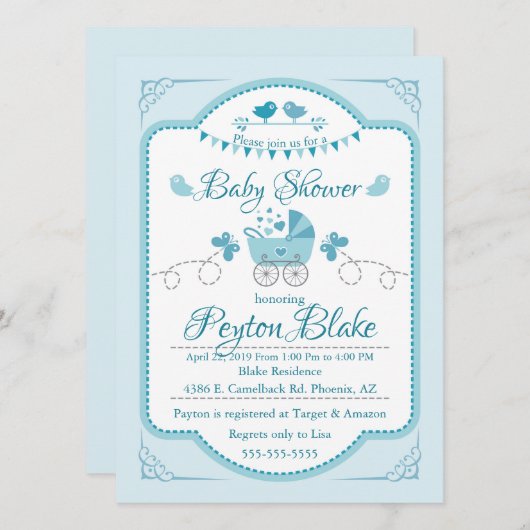 Beau Baby shower Buggy Bleu Invitation (Devant / Derrière)