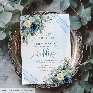 Beau Bleu foncé Roses Faire-part de mariage