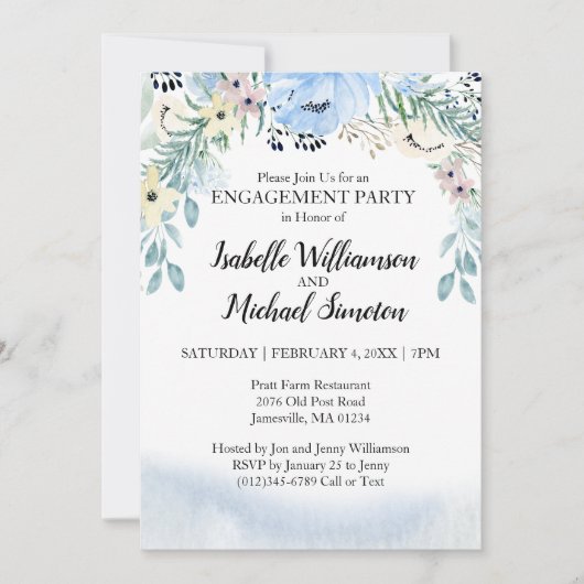 Beau Blue Floral Engagement Party Invitations (Devant)