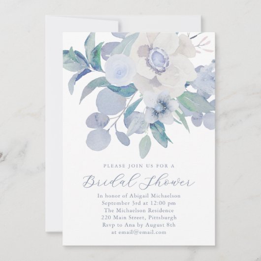 Beau Blue Floral nuptiale Invitation douche (Devant)