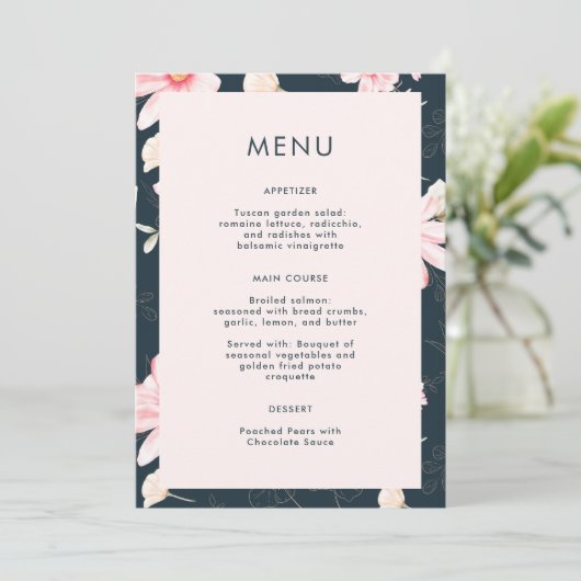 Beau Blush Floral Blue Mariage Menu (Debout devant)