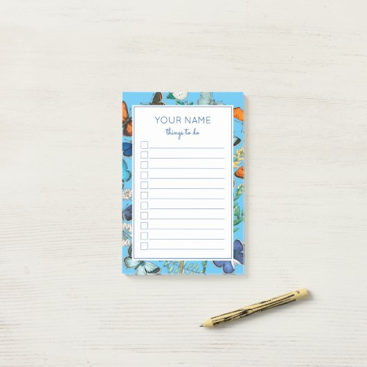 BEAU BUTTERFLITS BLEUS À FAIRE POST-IT NOTES (Sur un bureau)