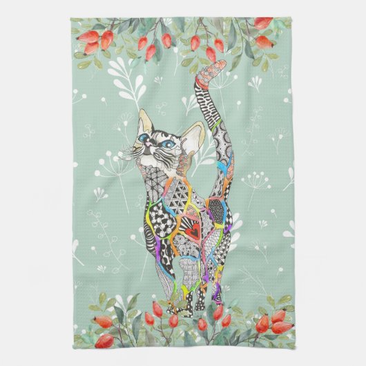 Beau Chat Floral Kitten Serviette de cuisine (Vertical)
