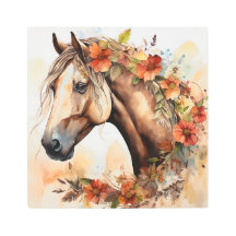 Beau Cheval aux jolies fleurs Aquarelle