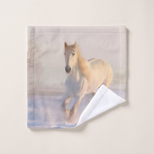 Beau Cheval Blanc Galloping dans la neige (Gant de toilette)