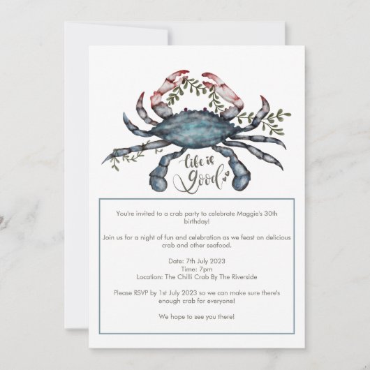 Beau Crabe Bleu Conception Invitation (Devant)