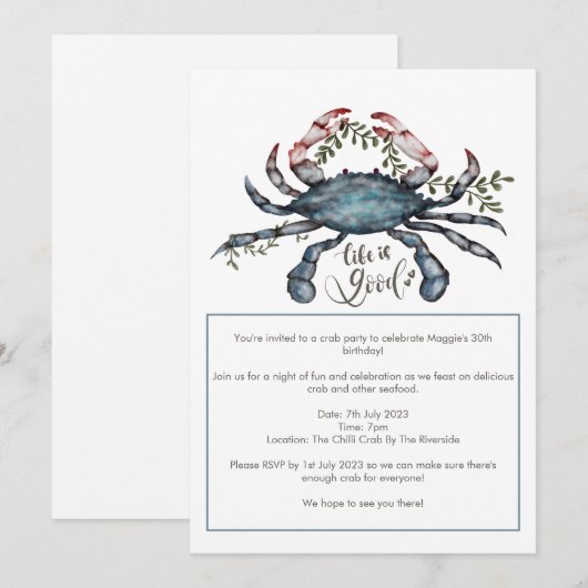 Beau Crabe Bleu Conception Invitation (Devant / Derrière)