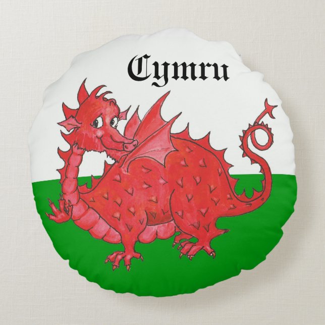 Beau Dragon rouge sur Coussin rond vert et blanc (Dos)