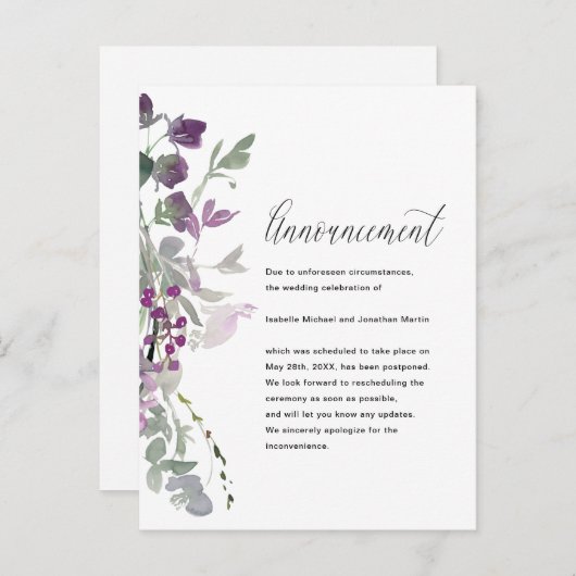 Beau Faire-part d'annulation de Mariage Floral (Devant / Derrière)