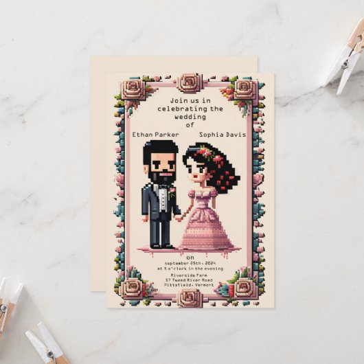 Beau Faire-part de mariage Pixel Art (Devant/Arrière en situation)