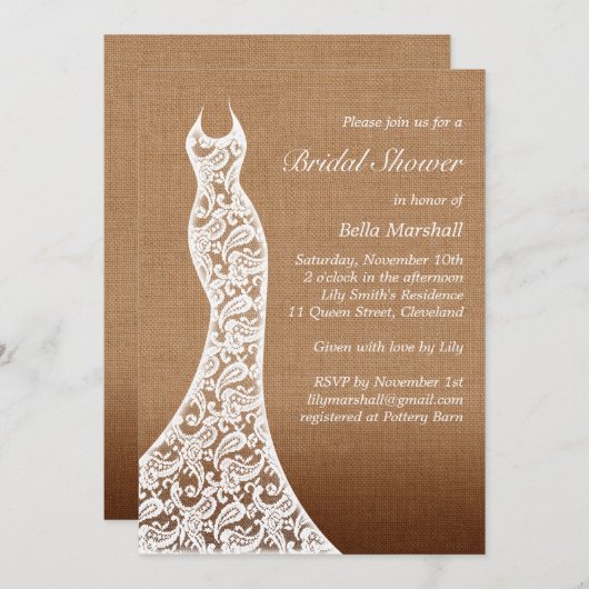 Beau Invitation Fête des mariées Lace & Ombre Burl (Devant / Derrière)