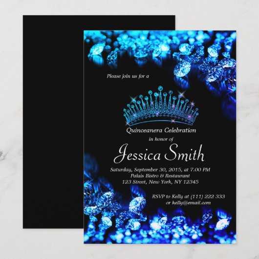 Beau Invitation royal de Diamant bleu Quinceañera (Devant / Derrière)