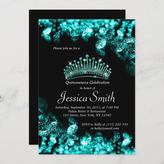 Beau Invitation Turquoise Diamond Quinceañera (Devant / Derrière)