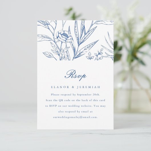 Beau mariage floral bleu RSVP avec code QR (Debout devant)