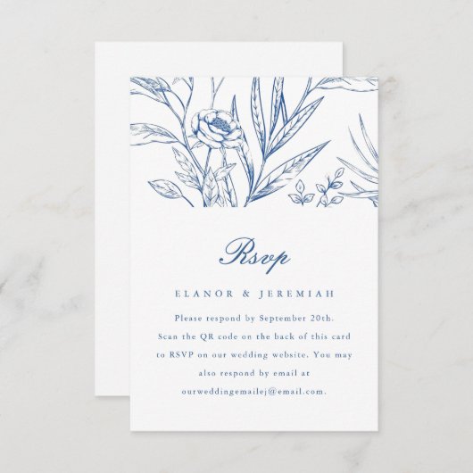 Beau mariage floral bleu RSVP avec code QR (Devant / Derrière)