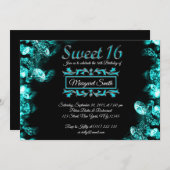 Beau noir Turquoise Diamants doux 16 Invitation (Devant / Derrière)