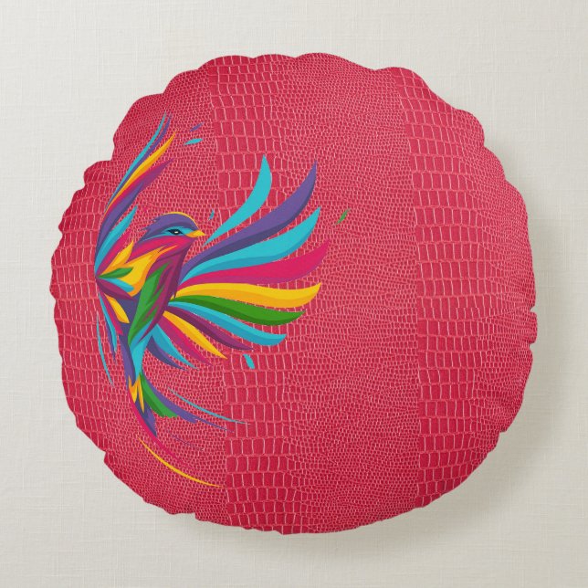Beau Oiseau multicolore Avec Coussin Rond Rouge (Devant)