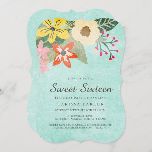 Beauful Blooms Sweet Sixteen Birthday Uitnodiging (Voorkant / Achterkant)