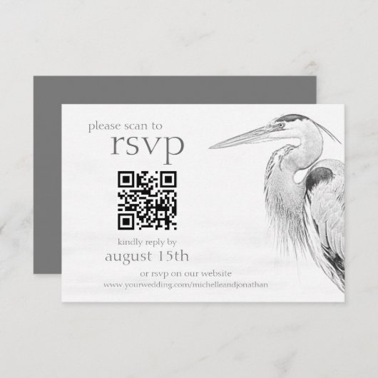 Beauful Blue Heron Bird Sketch Wedding QR Code RSVP Kaartje (Voorkant / Achterkant)