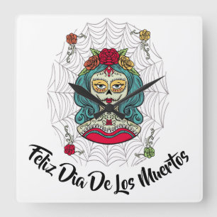 Beauful Catrina Feliz Día de Muertos Vierkante Klok