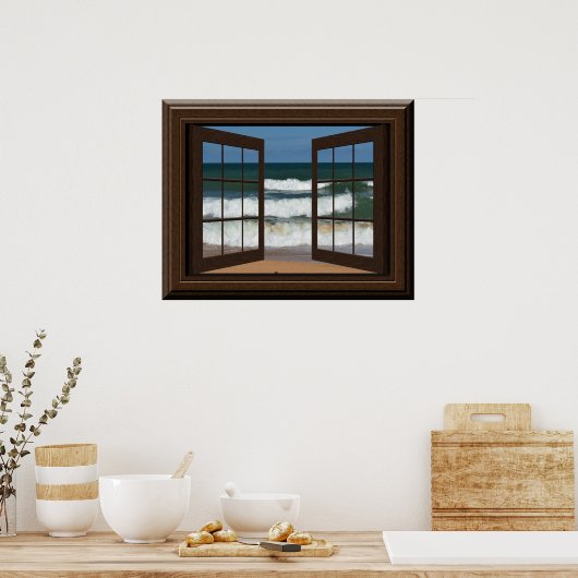 Beauful Fake Window Uitzicht Ocean Beach Waves Poster (Keuken)