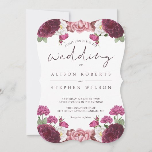 Beauful Floral Burgundy Wedding Kaart (Voorkant)