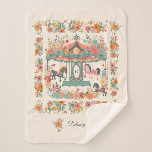 Beauful Floral Carousel Horse Custom Monogram Sherpa Deken (Voorkant)