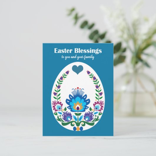 🐤 Beauful Folklore Blue Pysanka Paaseieren Briefkaart (Staand voorkant)