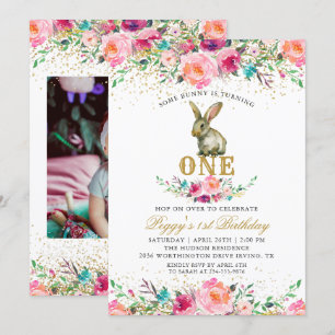 Beauful Pink Floral Bunny 1ste verjaardag Foto Kaart