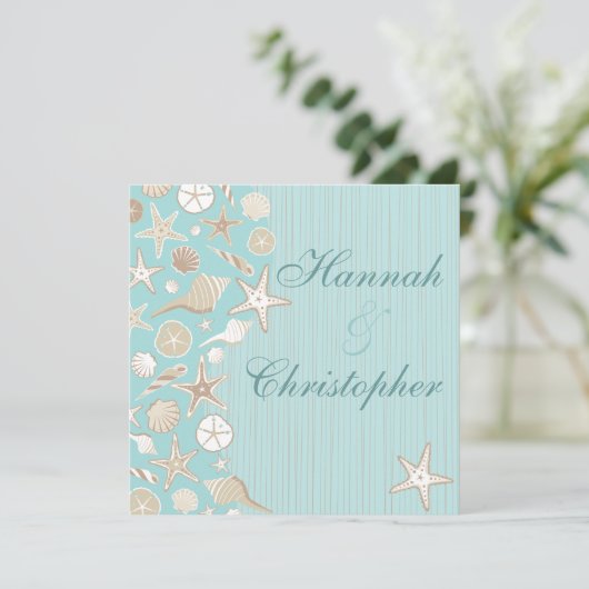 Beauful Seashell Beach bruiloft-uitnodiging Kaart (Staand voorkant)