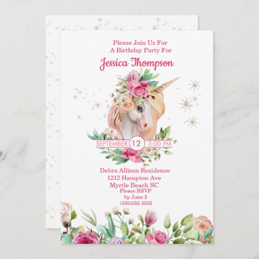 Beauful Unicorn Stars Birthday Uitnodiging (Voorkant / Achterkant)