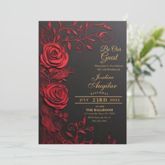 Beauté et la Bête Rouge Rose Sweet 16 Invitations (Debout devant)