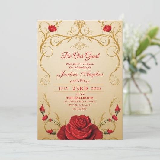 Beauté et la Bête Rouge Rose Sweet 16 Invitations (Debout devant)