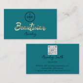 Beautician Script Gold QRCode Logo Blauwgroen Visitekaartje (Voorkant / Achterkant)