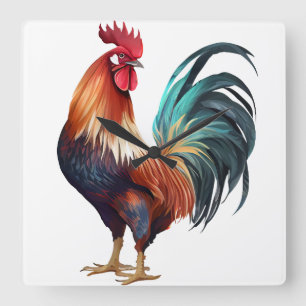 BEAUTIEF WATERVERF COLORFUL ROOSTER VIERKANTE KLOK