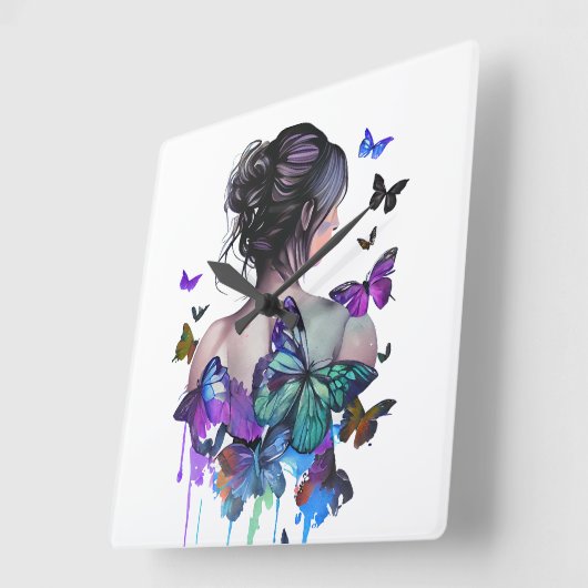 BEAUTIEF WATERVERF VROUW MET BUTTERFLIES VIERKANTE KLOK (Hoek)