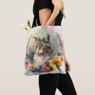 BEAUTIFUELE WATERVERF GRAY TABBY CAT FLOWERS DRAAGTAS