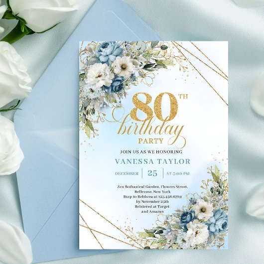 Beautiful 80th Birthday Invitation Gold Frame Blue