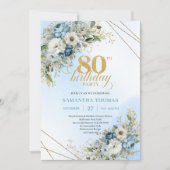 Beautiful 80th Birthday Invitation Gold Frame Blue (Devant)