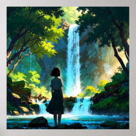 Beautiful Anime Waterfall Illustration Poster