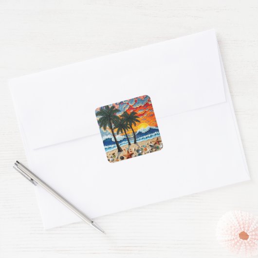 Beautiful Beach Scene with Palm Trees Vierkante Sticker (Envelop)